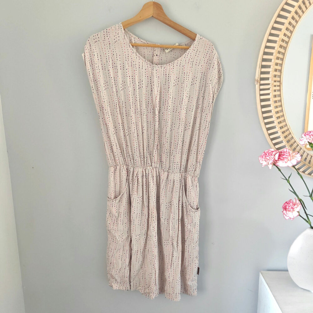 NAKETANO Beige Cap Sleeve Dot Print Knee-Length Dress, Pockets, size L